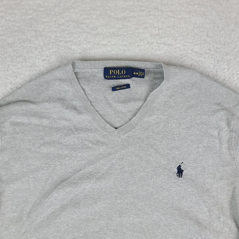 Polo Ralph Lauren Sweater Mens Medium Gray V Neck Pima Cotton Sweatshirt